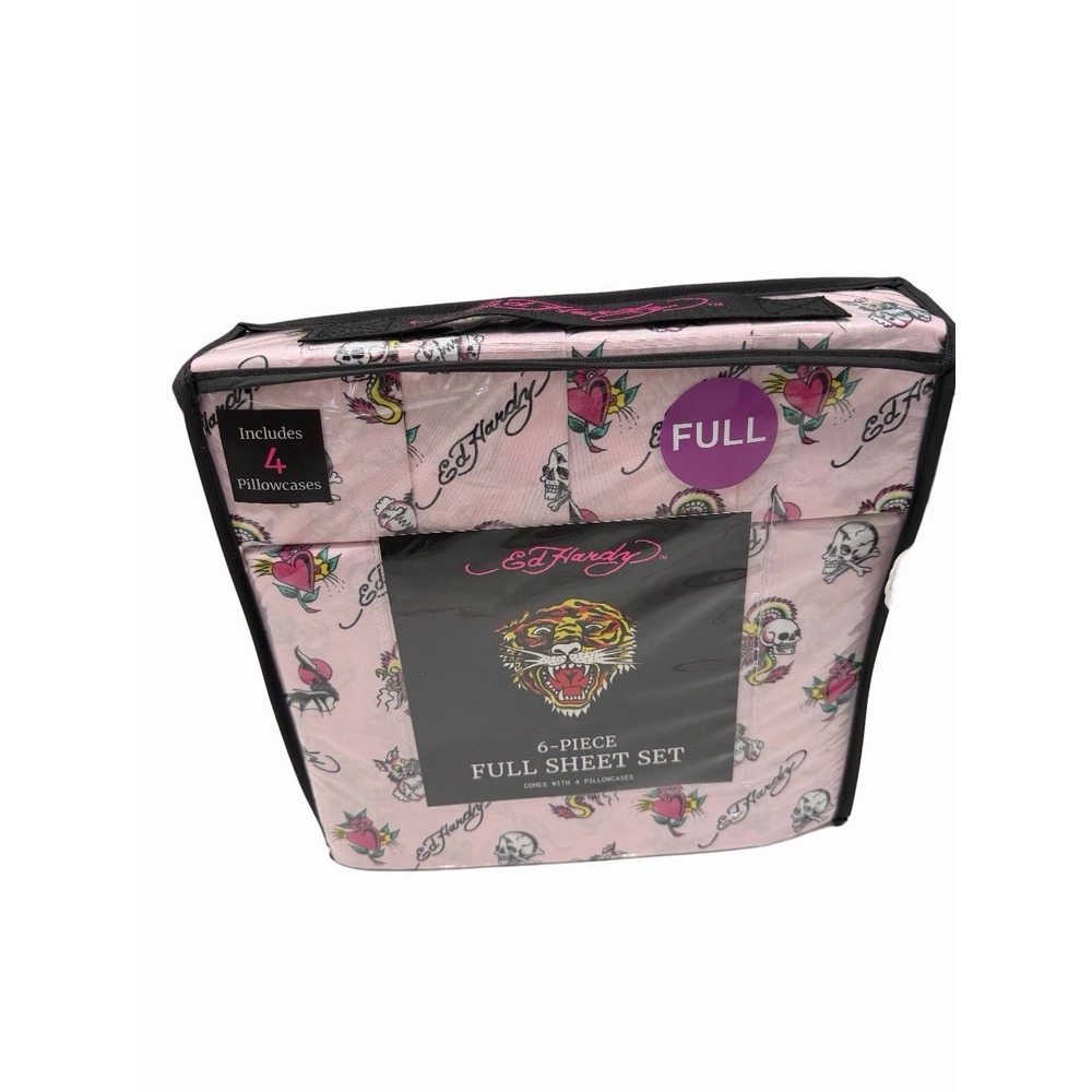 Ed Hardy 6-Piece Full Size Sheet Set Pink Skull Print New